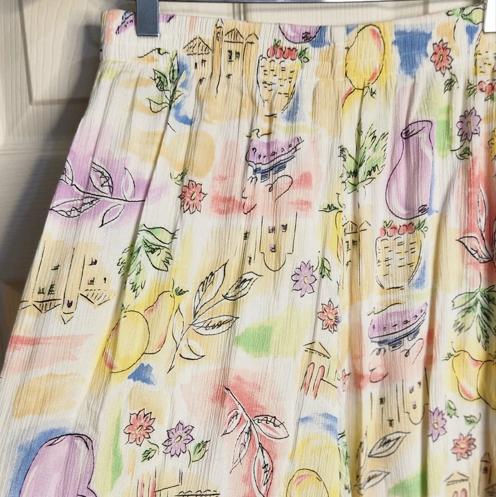 Vintage - Koret Francisca - Flowy Water Color w/ Line Drawing Print Shorts 27